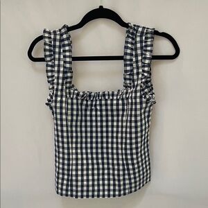 JCrew Navy and White Gingham Ruffle Top